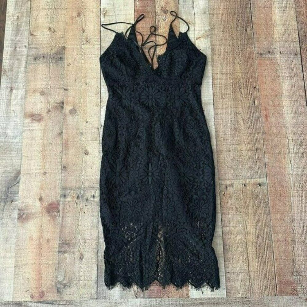 Bardot black plunge neck lace overlay sleeveless knee length dress women's 6 -S